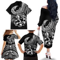 Personalised Polynesia Family Matching Off Shoulder Long Sleeve Dress and Hawaiian Shirt Fish Hook Tattoo Go Fishing Polynesian Pattern Black - Wonder Print Shop