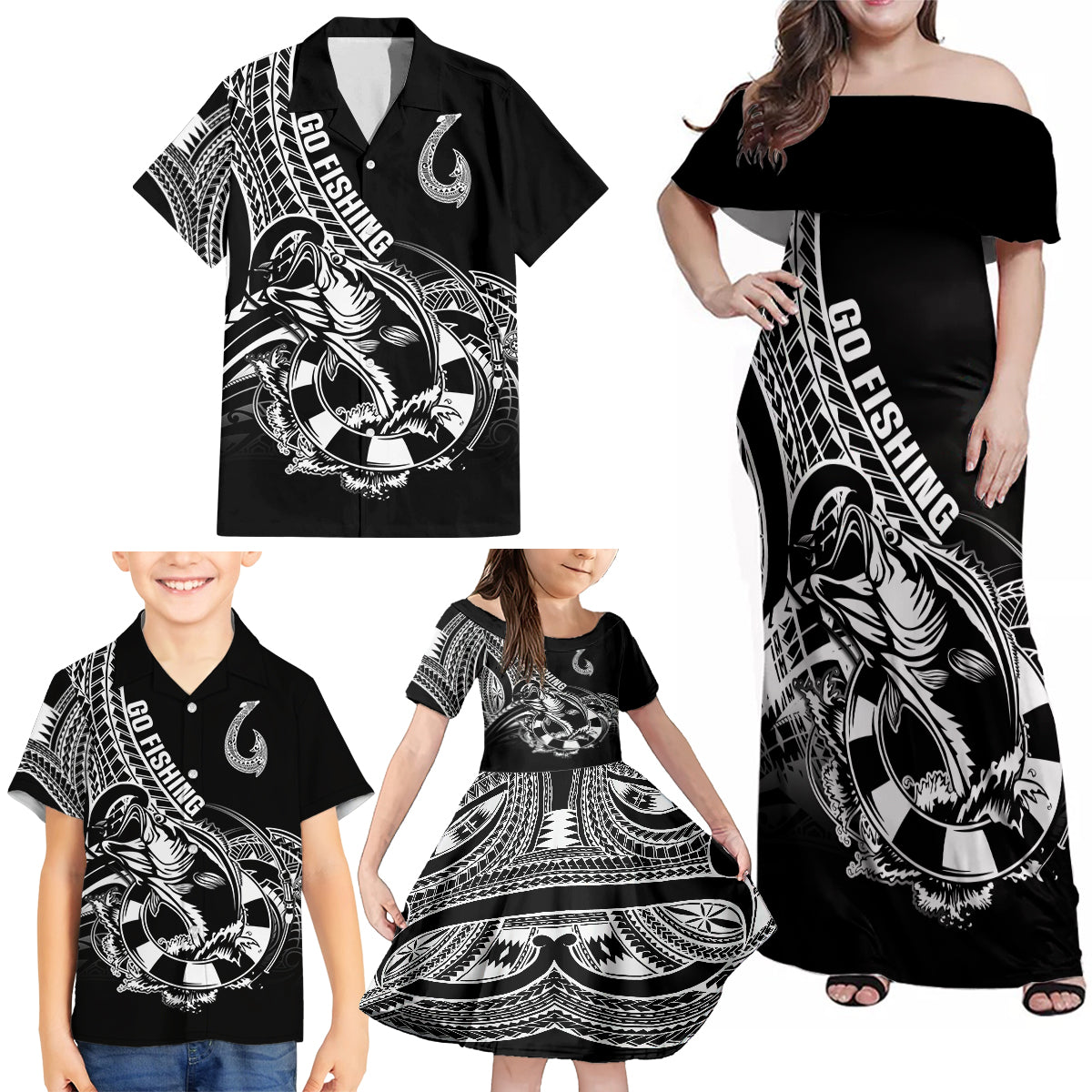 Personalised Polynesia Family Matching Off Shoulder Maxi Dress and Hawaiian Shirt Fish Hook Tattoo Go Fishing Polynesian Pattern Black - Wonder Print Shop