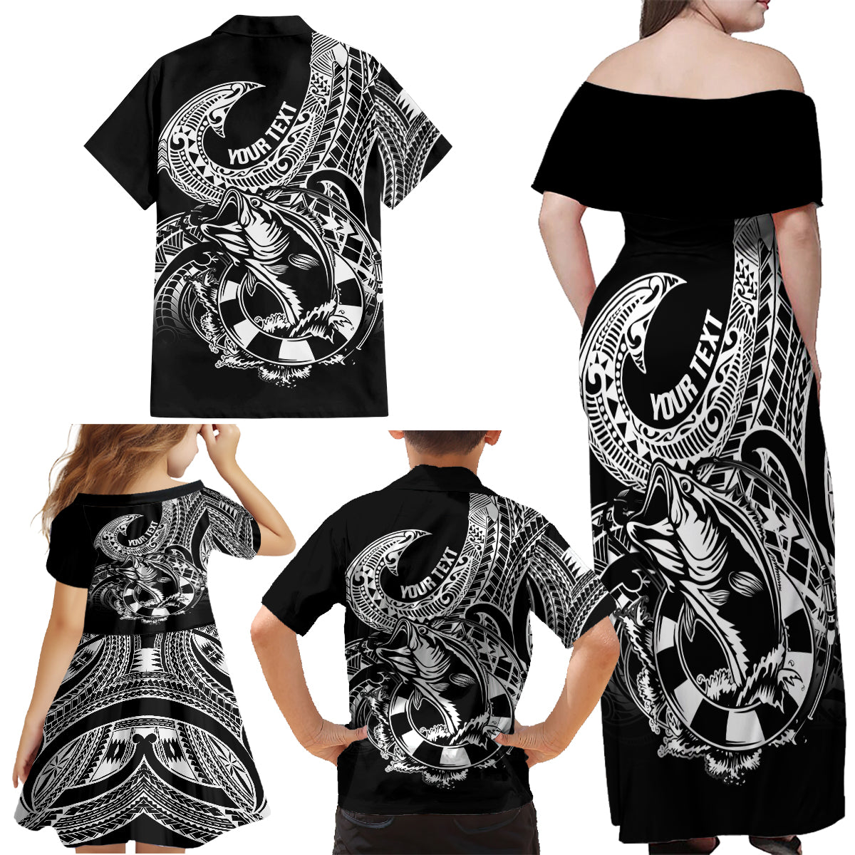 Personalised Polynesia Family Matching Off Shoulder Maxi Dress and Hawaiian Shirt Fish Hook Tattoo Go Fishing Polynesian Pattern Black - Wonder Print Shop