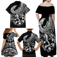 Personalised Polynesia Family Matching Off Shoulder Maxi Dress and Hawaiian Shirt Fish Hook Tattoo Go Fishing Polynesian Pattern Black - Wonder Print Shop