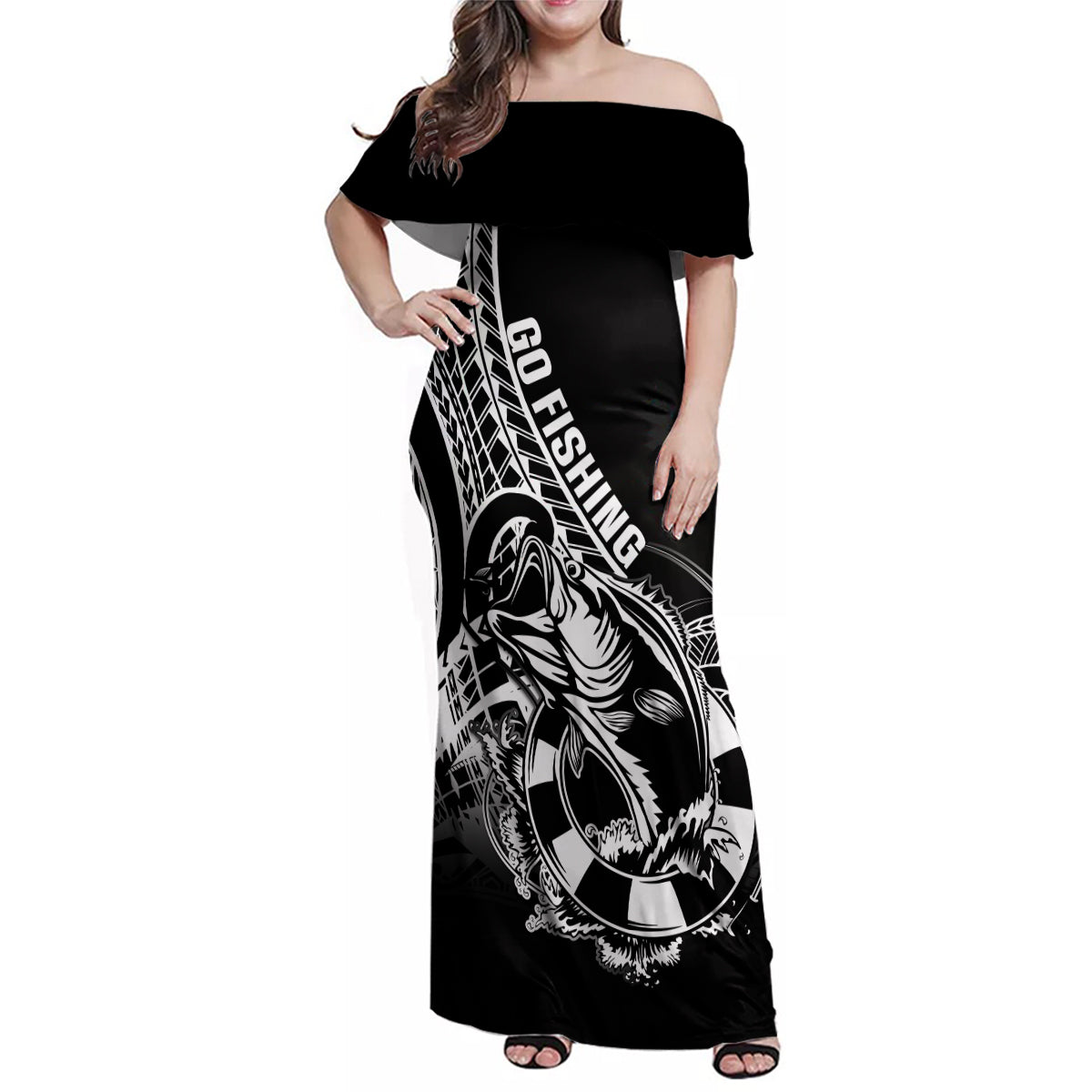 Personalised Polynesia Family Matching Off Shoulder Maxi Dress and Hawaiian Shirt Fish Hook Tattoo Go Fishing Polynesian Pattern Black - Wonder Print Shop