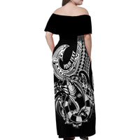 Personalised Polynesia Family Matching Off Shoulder Maxi Dress and Hawaiian Shirt Fish Hook Tattoo Go Fishing Polynesian Pattern Black - Wonder Print Shop