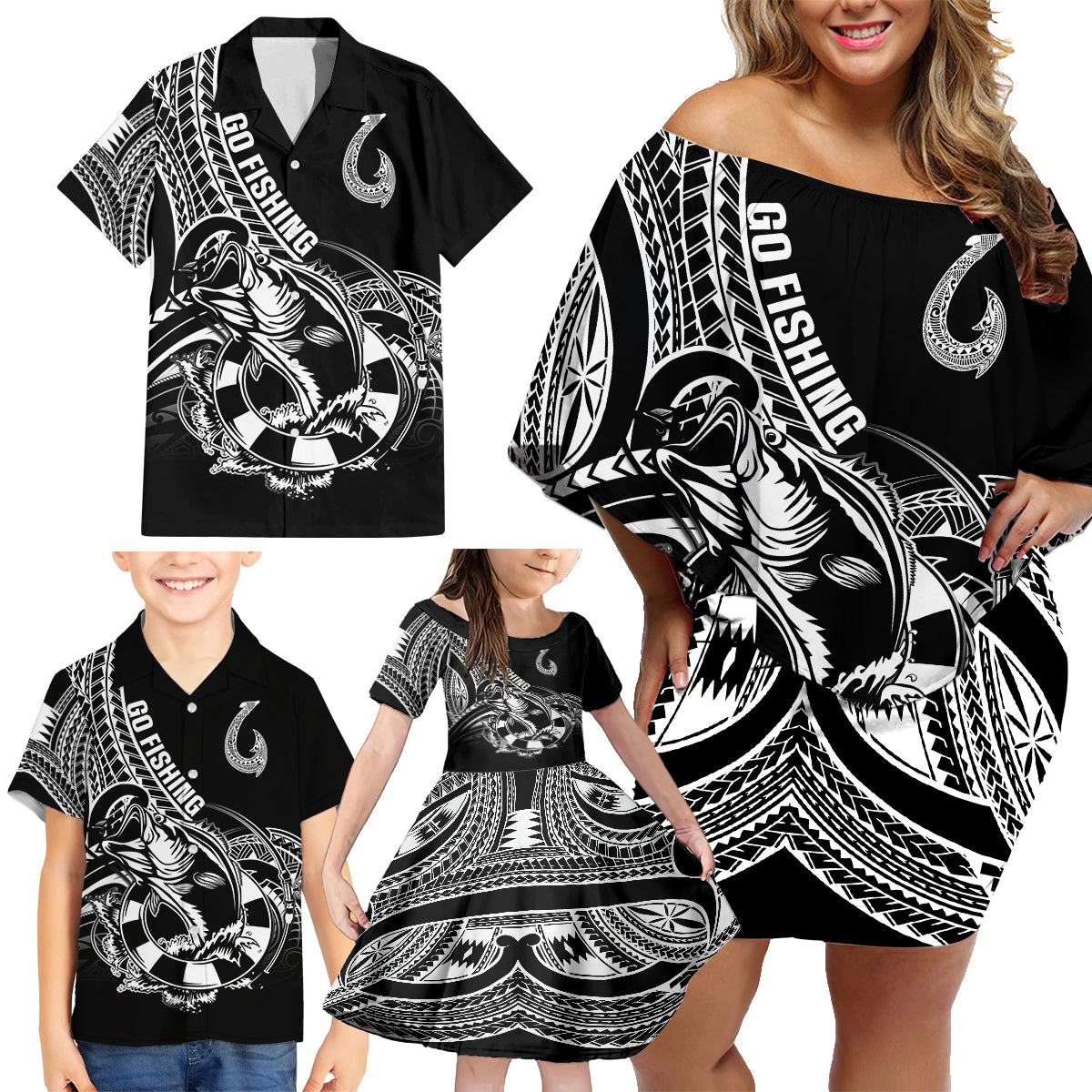 Personalised Polynesia Family Matching Off Shoulder Short Dress and Hawaiian Shirt Fish Hook Tattoo Go Fishing Polynesian Pattern Black - Wonder Print Shop