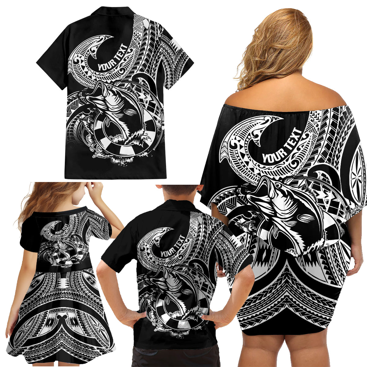 Personalised Polynesia Family Matching Off Shoulder Short Dress and Hawaiian Shirt Fish Hook Tattoo Go Fishing Polynesian Pattern Black - Wonder Print Shop