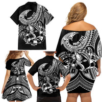 Personalised Polynesia Family Matching Off Shoulder Short Dress and Hawaiian Shirt Fish Hook Tattoo Go Fishing Polynesian Pattern Black - Wonder Print Shop
