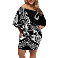 Personalised Polynesia Family Matching Off Shoulder Short Dress and Hawaiian Shirt Fish Hook Tattoo Go Fishing Polynesian Pattern Black - Wonder Print Shop