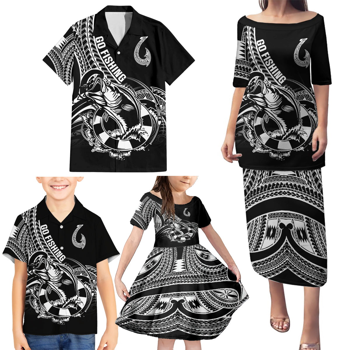 Personalised Polynesia Family Matching Puletasi Dress and Hawaiian Shirt Fish Hook Tattoo Go Fishing Polynesian Pattern Black - Wonder Print Shop