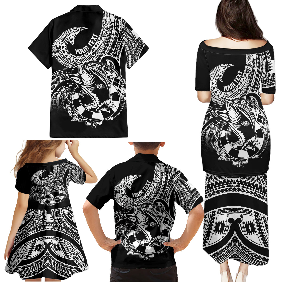 Personalised Polynesia Family Matching Puletasi Dress and Hawaiian Shirt Fish Hook Tattoo Go Fishing Polynesian Pattern Black - Wonder Print Shop