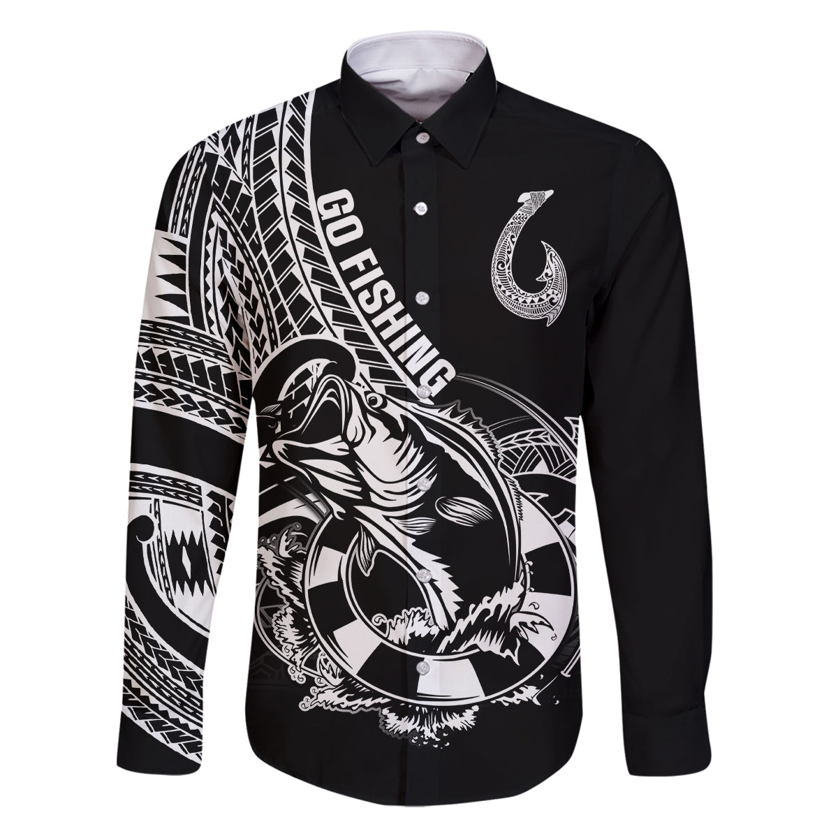 Personalised Polynesia Family Matching Puletasi Dress and Hawaiian Shirt Fish Hook Tattoo Go Fishing Polynesian Pattern Black - Wonder Print Shop