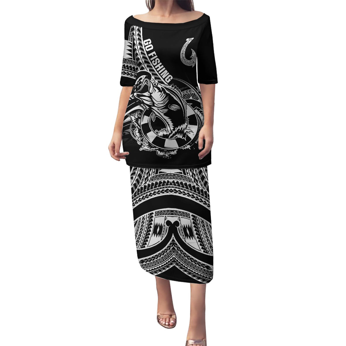 Personalised Polynesia Family Matching Puletasi Dress and Hawaiian Shirt Fish Hook Tattoo Go Fishing Polynesian Pattern Black - Wonder Print Shop