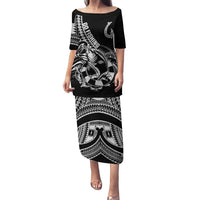 Personalised Polynesia Family Matching Puletasi Dress and Hawaiian Shirt Fish Hook Tattoo Go Fishing Polynesian Pattern Black - Wonder Print Shop