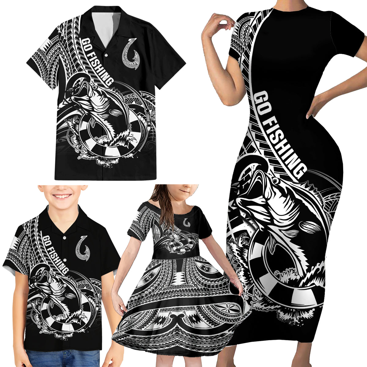 Personalised Polynesia Family Matching Short Sleeve Bodycon Dress and Hawaiian Shirt Fish Hook Tattoo Go Fishing Polynesian Pattern Black - Wonder Print Shop