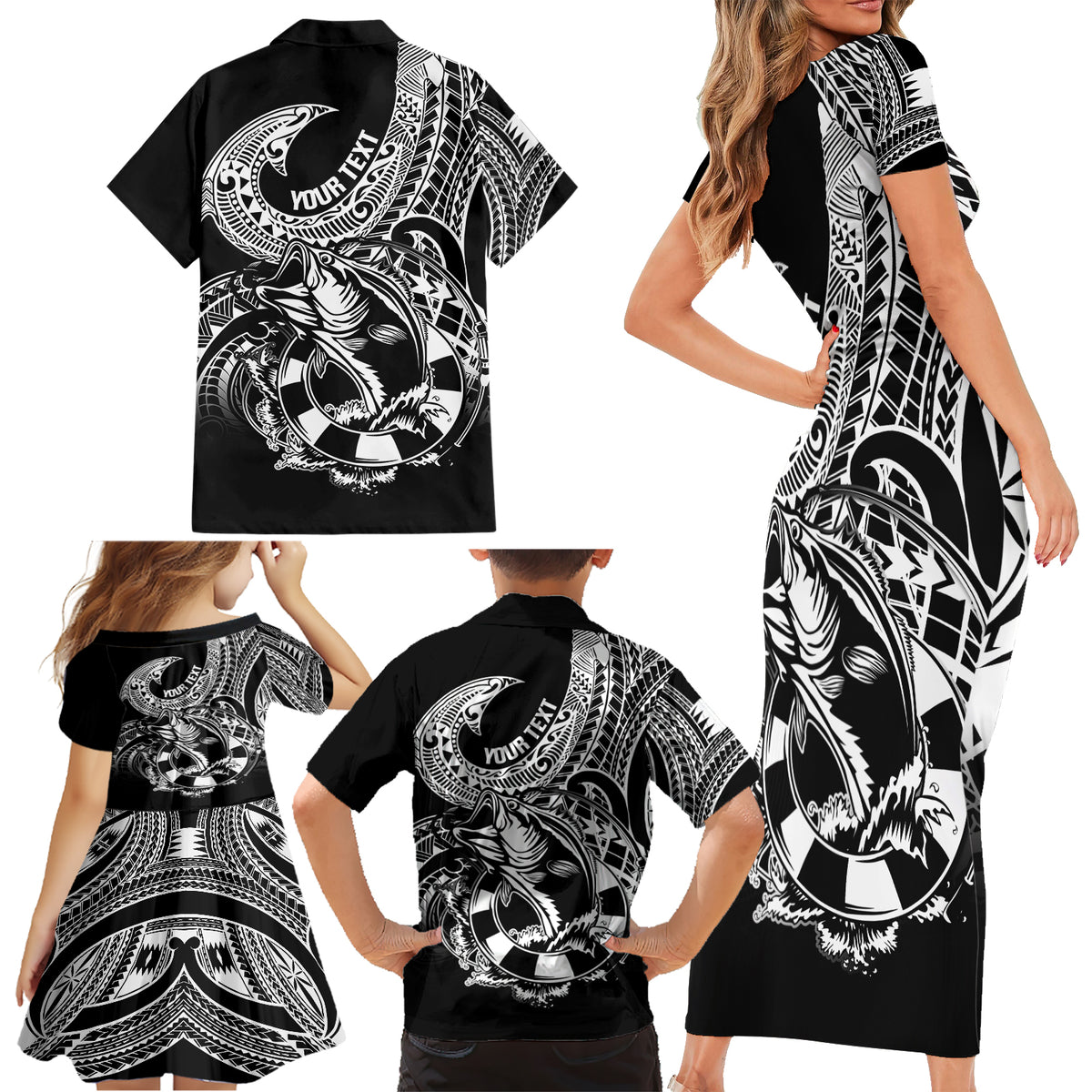 Personalised Polynesia Family Matching Short Sleeve Bodycon Dress and Hawaiian Shirt Fish Hook Tattoo Go Fishing Polynesian Pattern Black - Wonder Print Shop