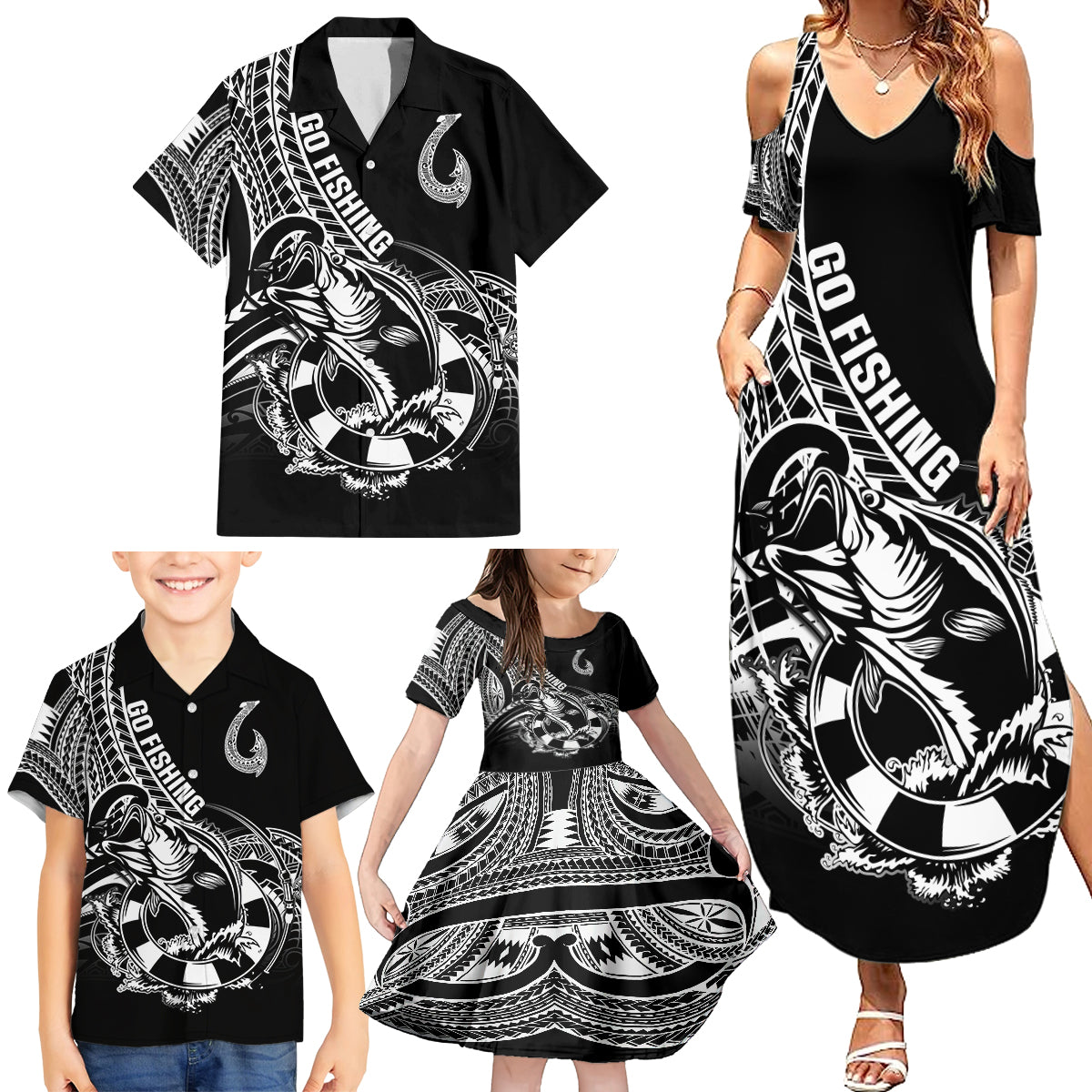 Personalised Polynesia Family Matching Summer Maxi Dress and Hawaiian Shirt Fish Hook Tattoo Go Fishing Polynesian Pattern Black - Wonder Print Shop