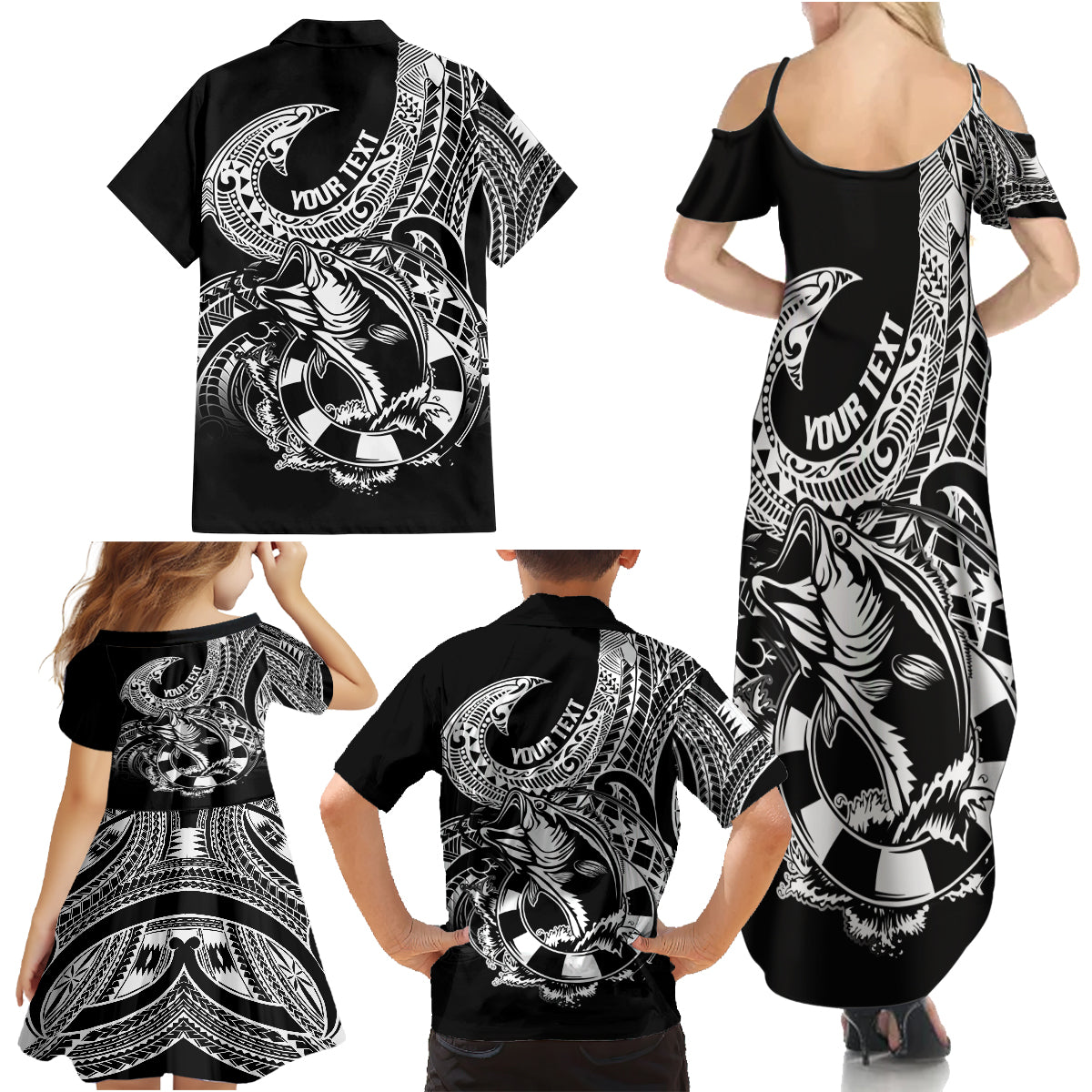 Personalised Polynesia Family Matching Summer Maxi Dress and Hawaiian Shirt Fish Hook Tattoo Go Fishing Polynesian Pattern Black - Wonder Print Shop