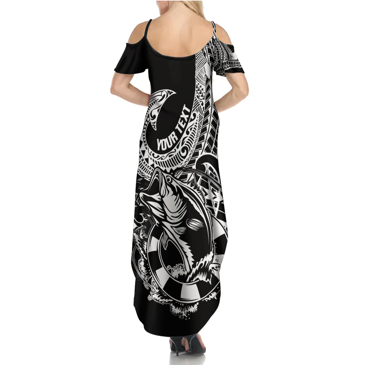 Personalised Polynesia Family Matching Summer Maxi Dress and Hawaiian Shirt Fish Hook Tattoo Go Fishing Polynesian Pattern Black - Wonder Print Shop
