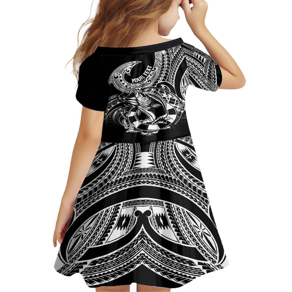 Personalised Polynesia Family Matching Tank Maxi Dress and Hawaiian Shirt Fish Hook Tattoo Go Fishing Polynesian Pattern Black - Wonder Print Shop