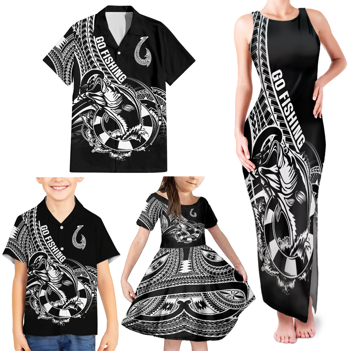 Personalised Polynesia Family Matching Tank Maxi Dress and Hawaiian Shirt Fish Hook Tattoo Go Fishing Polynesian Pattern Black - Wonder Print Shop