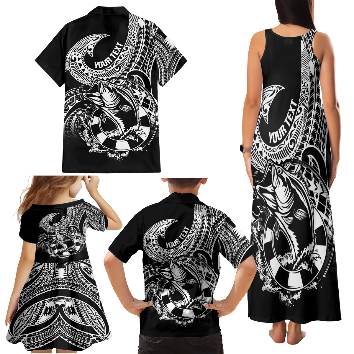Personalised Polynesia Family Matching Tank Maxi Dress and Hawaiian Shirt Fish Hook Tattoo Go Fishing Polynesian Pattern Black - Wonder Print Shop