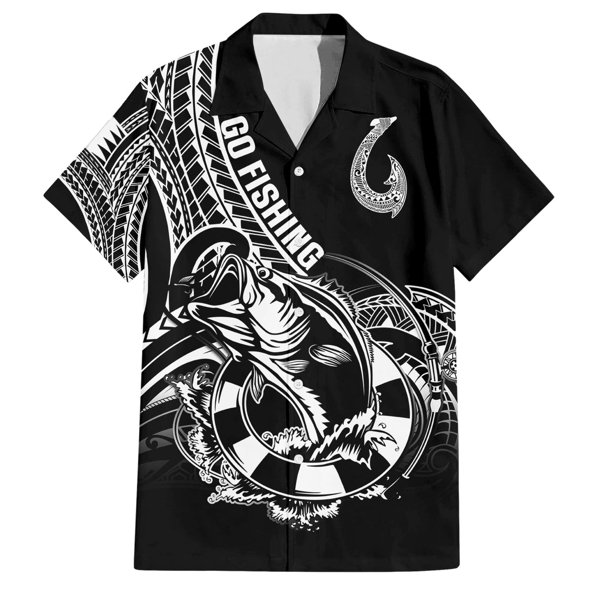 Personalised Polynesia Hawaiian Shirt Fish Hook Tattoo Go Fishing Polynesian Pattern Black - Wonder Print Shop
