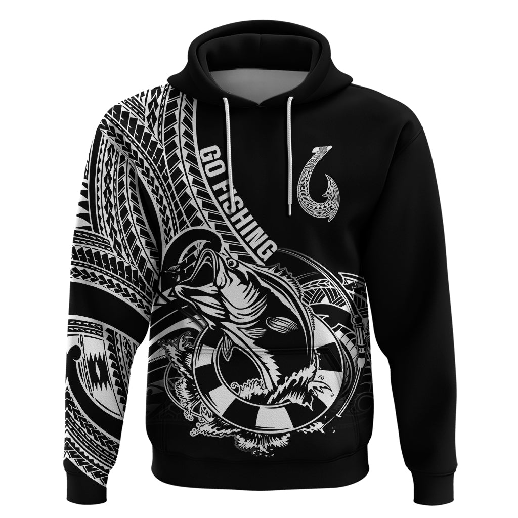 Personalised Polynesia Hoodie Fish Hook Tattoo Go Fishing Polynesian Pattern Black - Wonder Print Shop