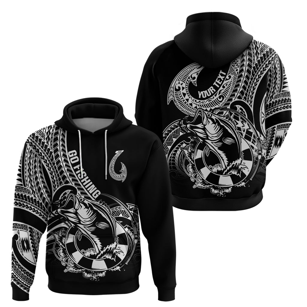Personalised Polynesia Hoodie Fish Hook Tattoo Go Fishing Polynesian Pattern Black - Wonder Print Shop