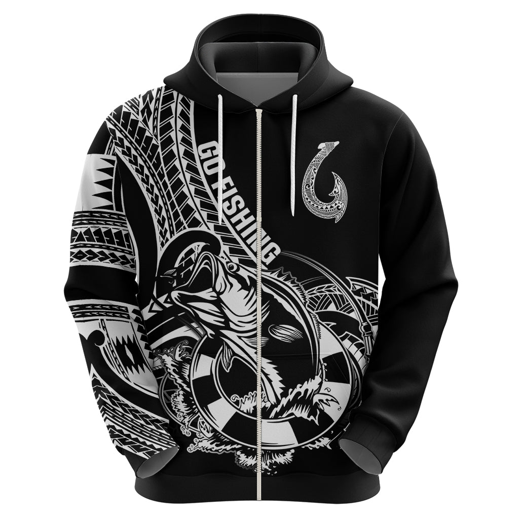 Personalised Polynesia Hoodie Fish Hook Tattoo Go Fishing Polynesian Pattern Black - Wonder Print Shop