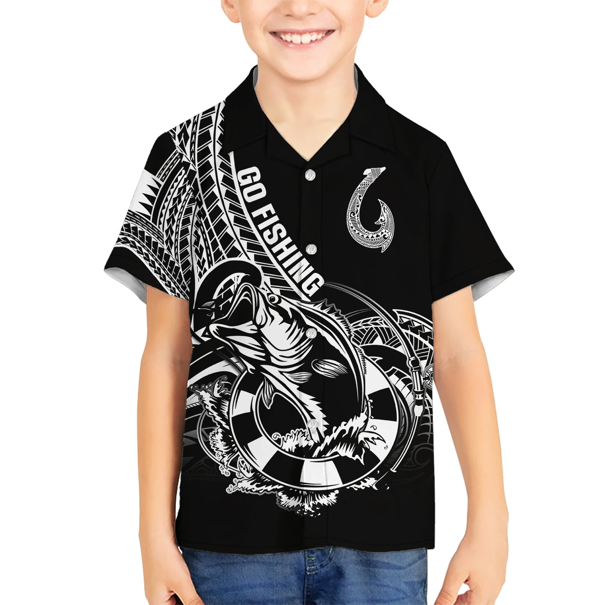 Personalised Polynesia Kid Hawaiian Shirt Fish Hook Tattoo Go Fishing Polynesian Pattern Black - Wonder Print Shop