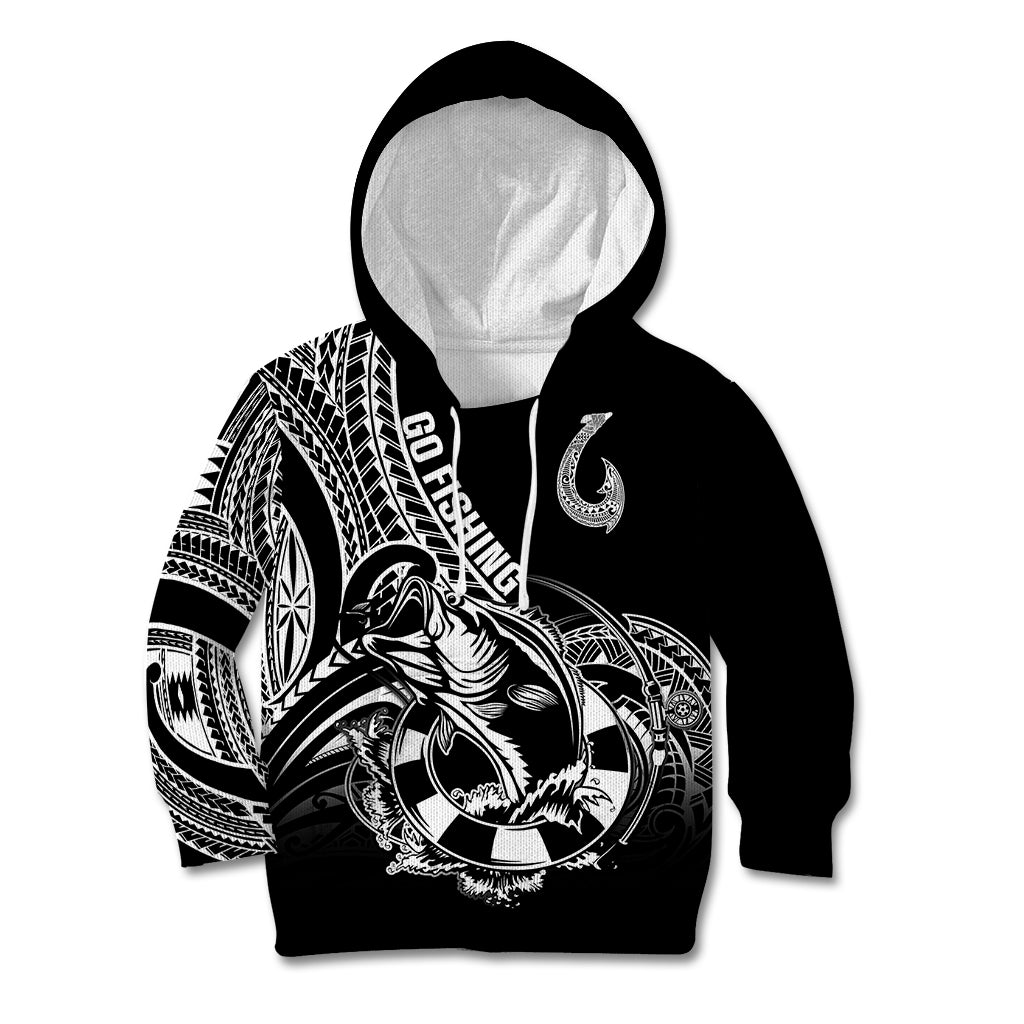Personalised Polynesia Kid Hoodie Fish Hook Tattoo Go Fishing Polynesian Pattern Black - Wonder Print Shop