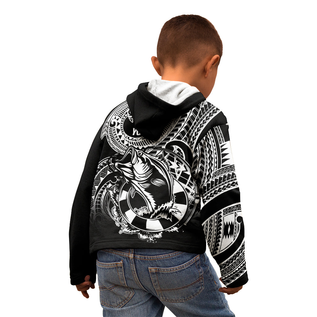 Personalised Polynesia Kid Hoodie Fish Hook Tattoo Go Fishing Polynesian Pattern Black - Wonder Print Shop