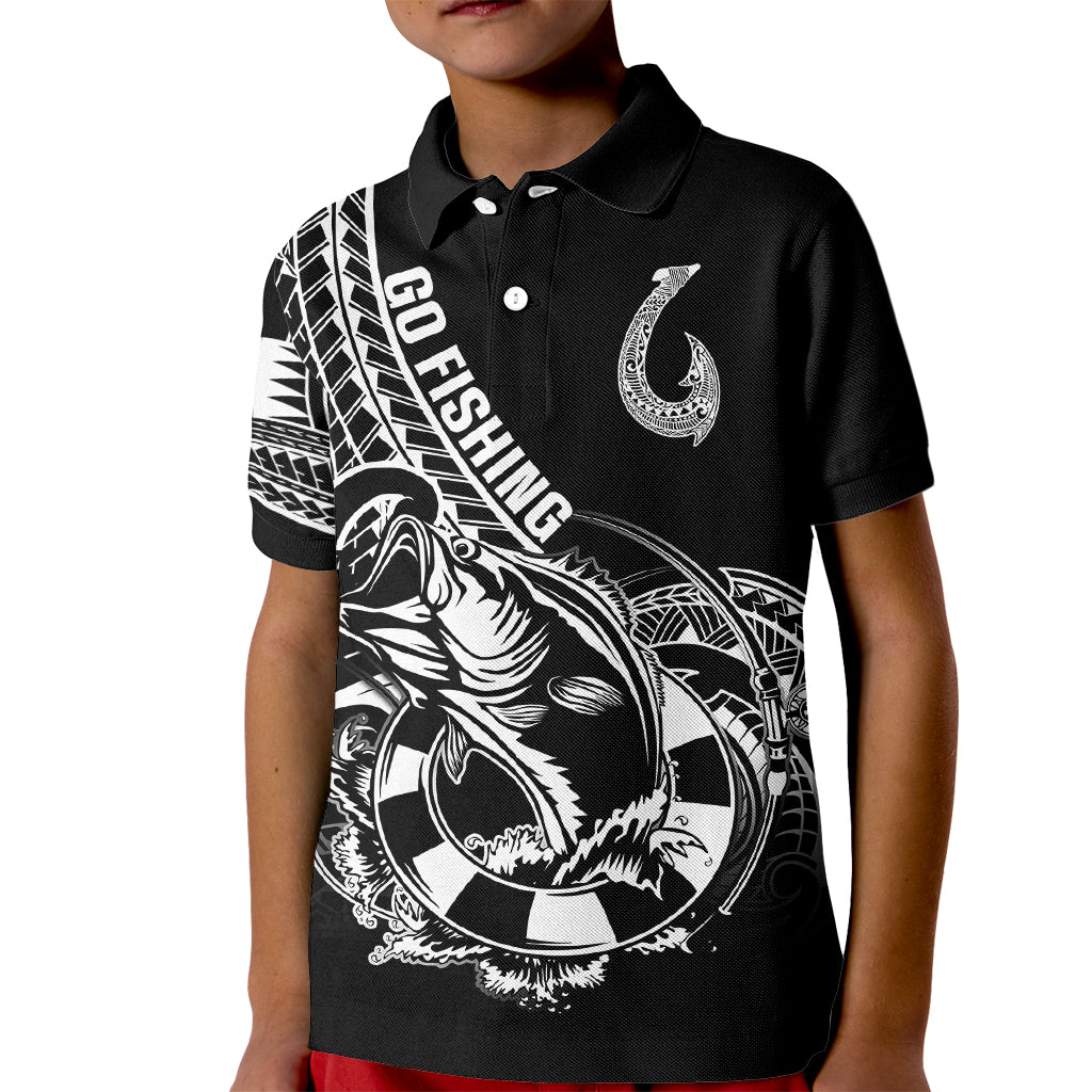 Personalised Polynesia Kid Polo Shirt Fish Hook Tattoo Go Fishing Polynesian Pattern Black - Wonder Print Shop