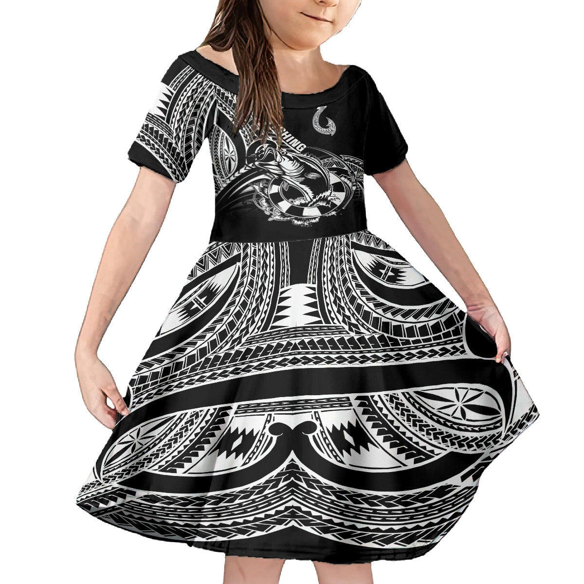 Personalised Polynesia Kid Short Sleeve Dress Fish Hook Tattoo Go Fishing Polynesian Pattern Black - Wonder Print Shop