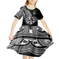 Personalised Polynesia Kid Short Sleeve Dress Fish Hook Tattoo Go Fishing Polynesian Pattern Black - Wonder Print Shop