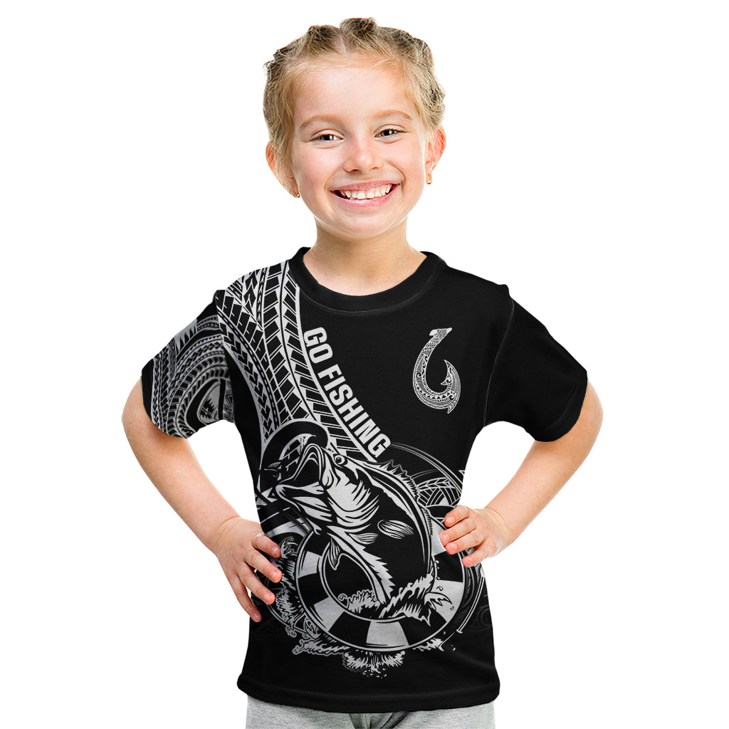 Personalised Polynesia Kid T Shirt Fish Hook Tattoo Go Fishing Polynesian Pattern Black - Wonder Print Shop