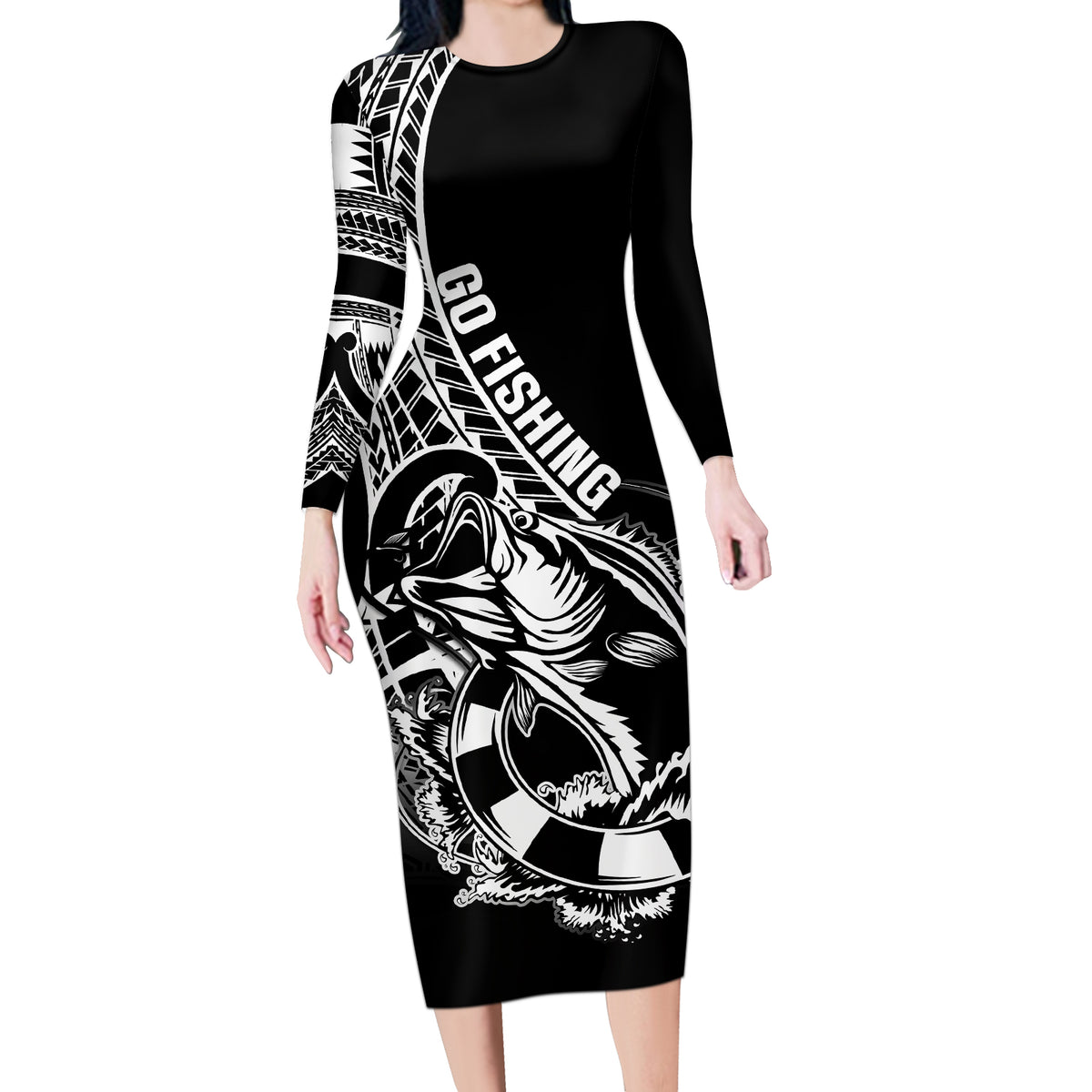 Personalised Polynesia Long Sleeve Bodycon Dress Fish Hook Tattoo Go Fishing Polynesian Pattern Black - Wonder Print Shop