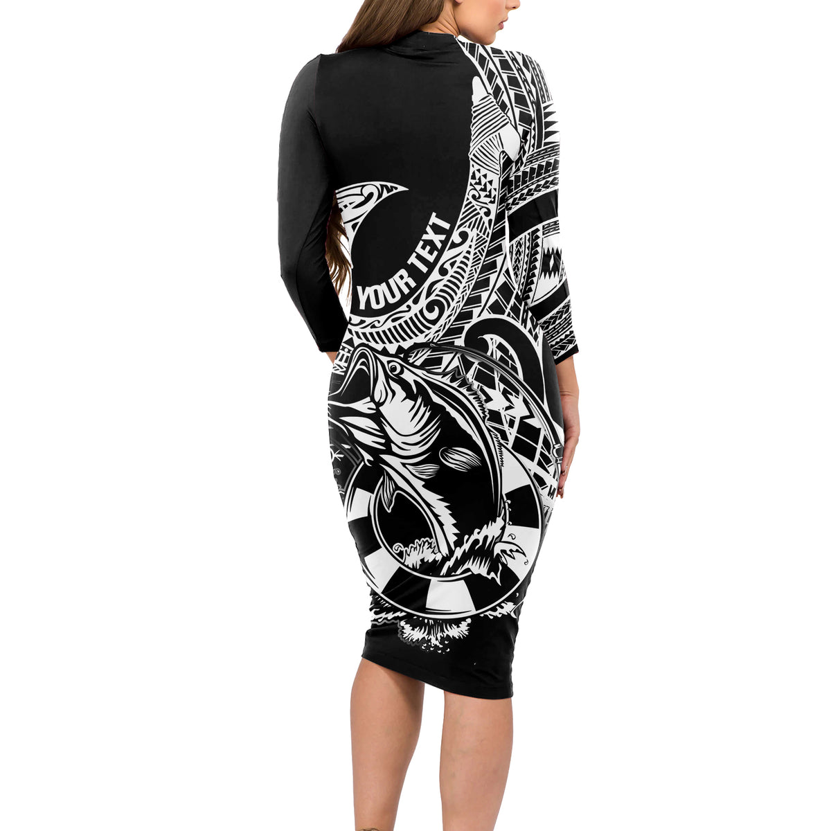 Personalised Polynesia Long Sleeve Bodycon Dress Fish Hook Tattoo Go Fishing Polynesian Pattern Black - Wonder Print Shop