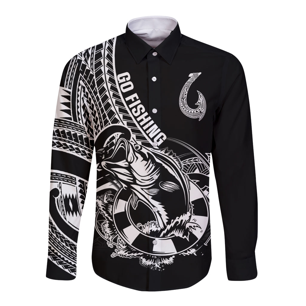 Personalised Polynesia Long Sleeve Button Shirt Fish Hook Tattoo Go Fishing Polynesian Pattern Black - Wonder Print Shop