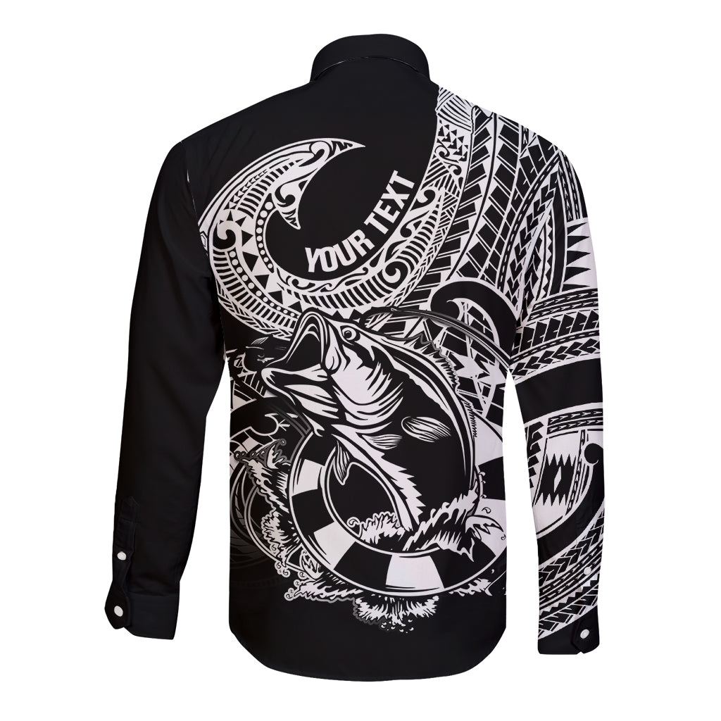 Personalised Polynesia Long Sleeve Button Shirt Fish Hook Tattoo Go Fishing Polynesian Pattern Black - Wonder Print Shop