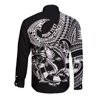 Personalised Polynesia Long Sleeve Button Shirt Fish Hook Tattoo Go Fishing Polynesian Pattern Black - Wonder Print Shop