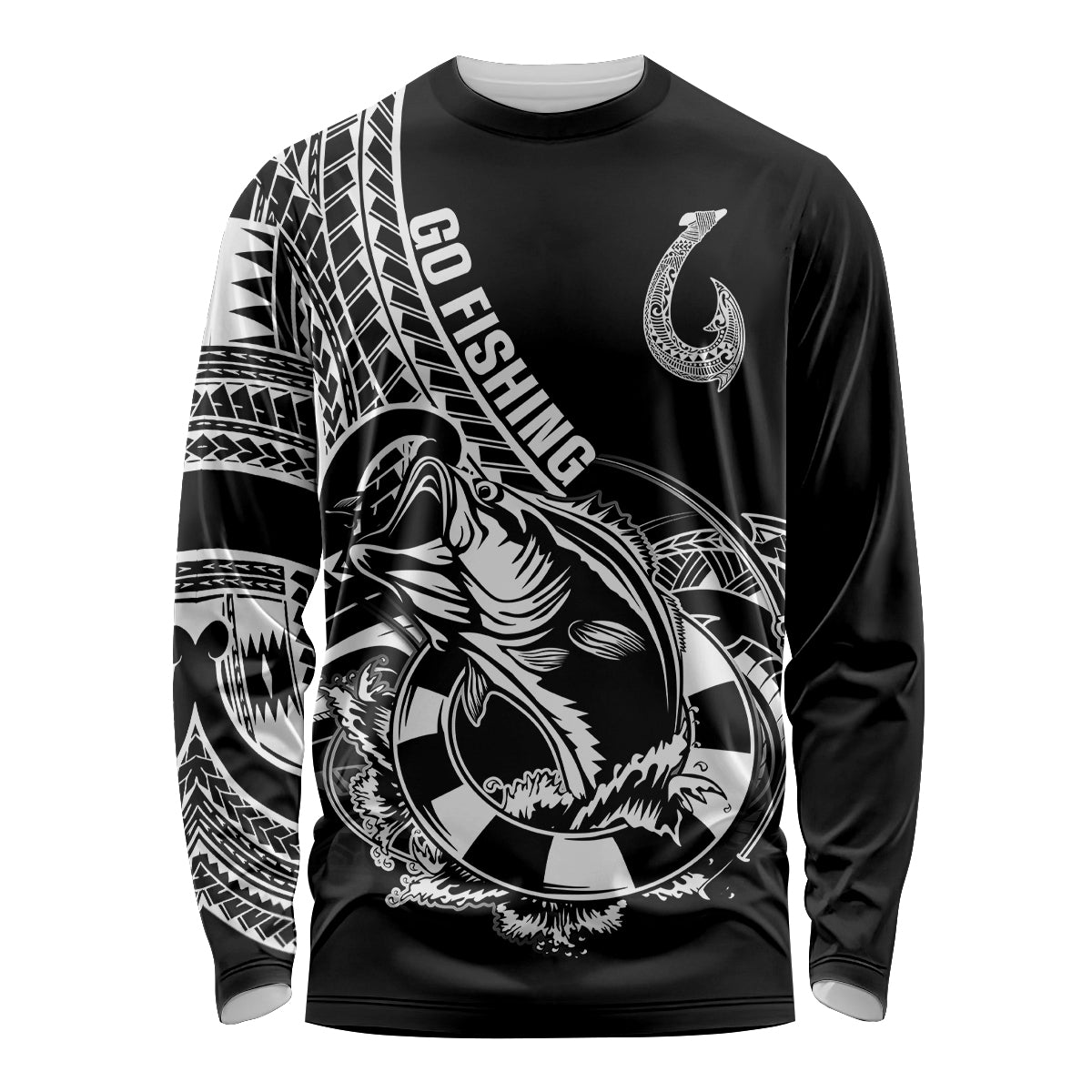 Personalised Polynesia Long Sleeve Shirt Fish Hook Tattoo Go Fishing Polynesian Pattern Black - Wonder Print Shop