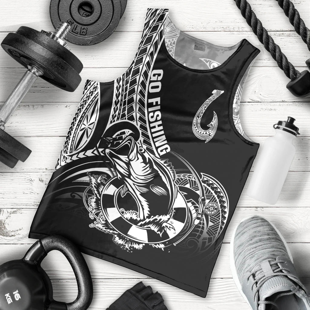 Personalised Polynesia Men Tank Top Fish Hook Tattoo Go Fishing Polynesian Pattern Black - Wonder Print Shop