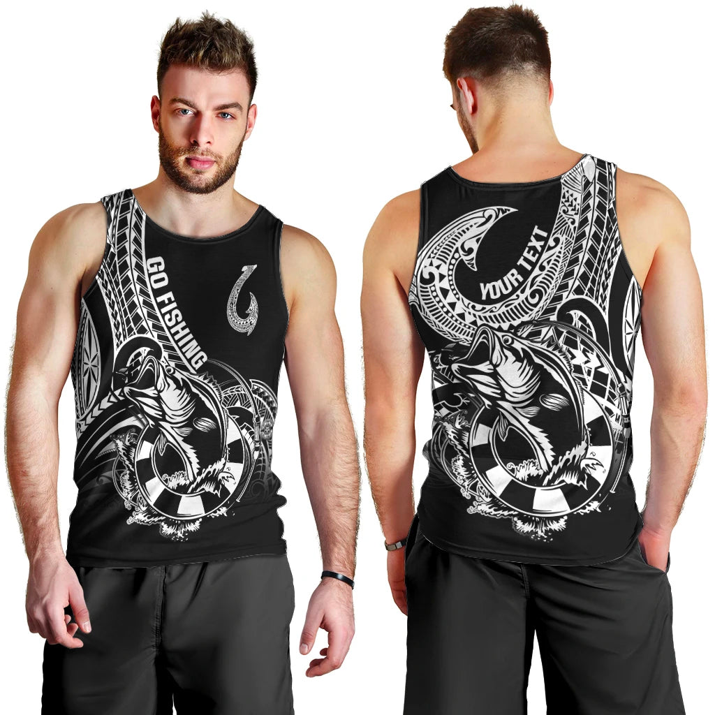 Personalised Polynesia Men Tank Top Fish Hook Tattoo Go Fishing Polynesian Pattern Black - Wonder Print Shop