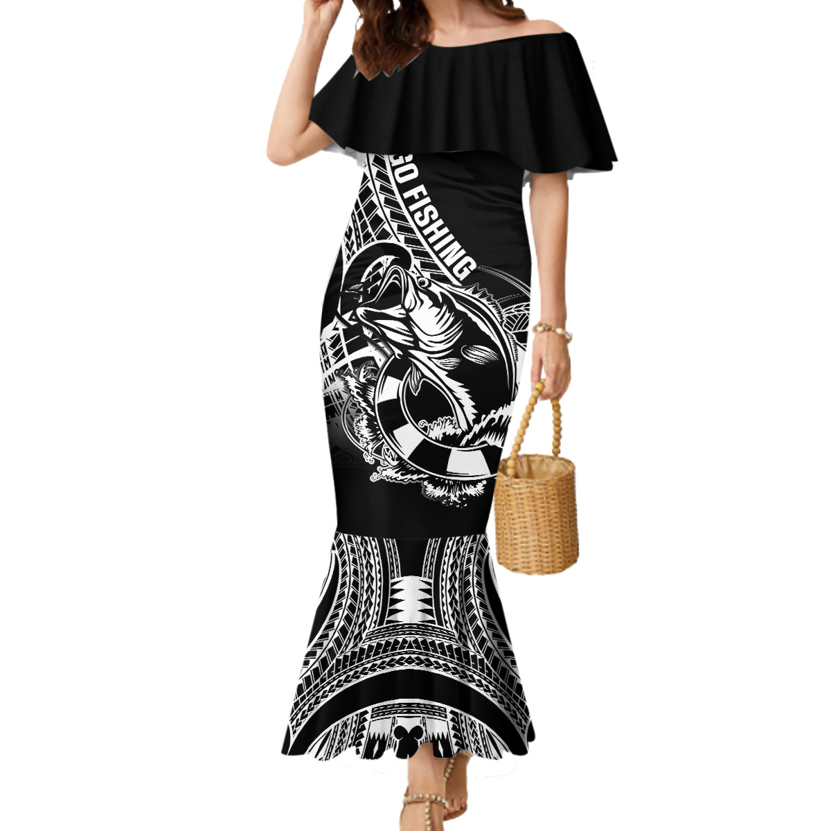 Personalised Polynesia Mermaid Dress Fish Hook Tattoo Go Fishing Polynesian Pattern Black - Wonder Print Shop