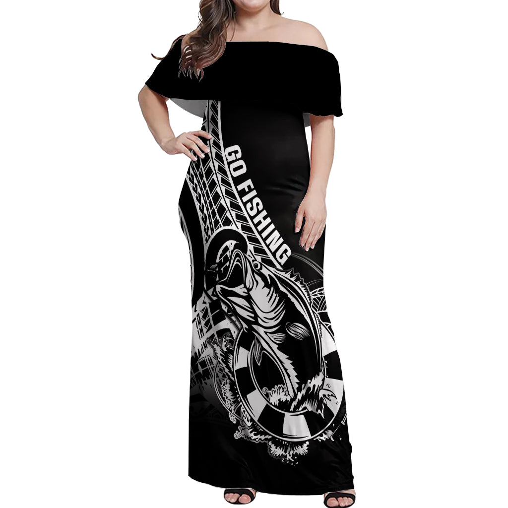 Personalised Polynesia Off Shoulder Maxi Dress Fish Hook Tattoo Go Fishing Polynesian Pattern Black - Wonder Print Shop