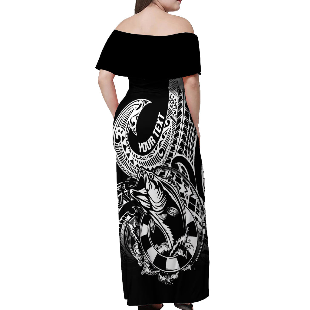 Personalised Polynesia Off Shoulder Maxi Dress Fish Hook Tattoo Go Fishing Polynesian Pattern Black - Wonder Print Shop