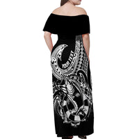 Personalised Polynesia Off Shoulder Maxi Dress Fish Hook Tattoo Go Fishing Polynesian Pattern Black - Wonder Print Shop