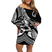 Personalised Polynesia Off Shoulder Short Dress Fish Hook Tattoo Go Fishing Polynesian Pattern Black - Wonder Print Shop