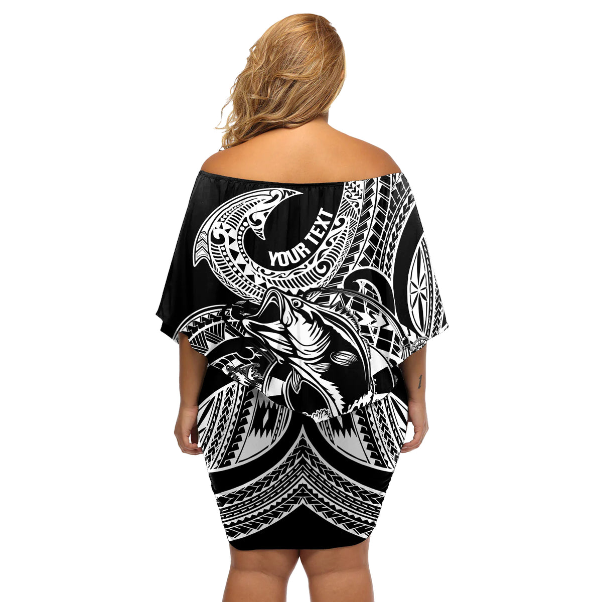 Personalised Polynesia Off Shoulder Short Dress Fish Hook Tattoo Go Fishing Polynesian Pattern Black - Wonder Print Shop