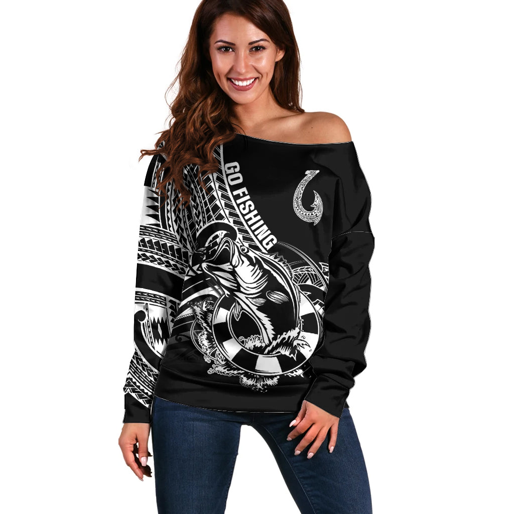 Personalised Polynesia Off Shoulder Sweater Fish Hook Tattoo Go Fishing Polynesian Pattern Black - Wonder Print Shop