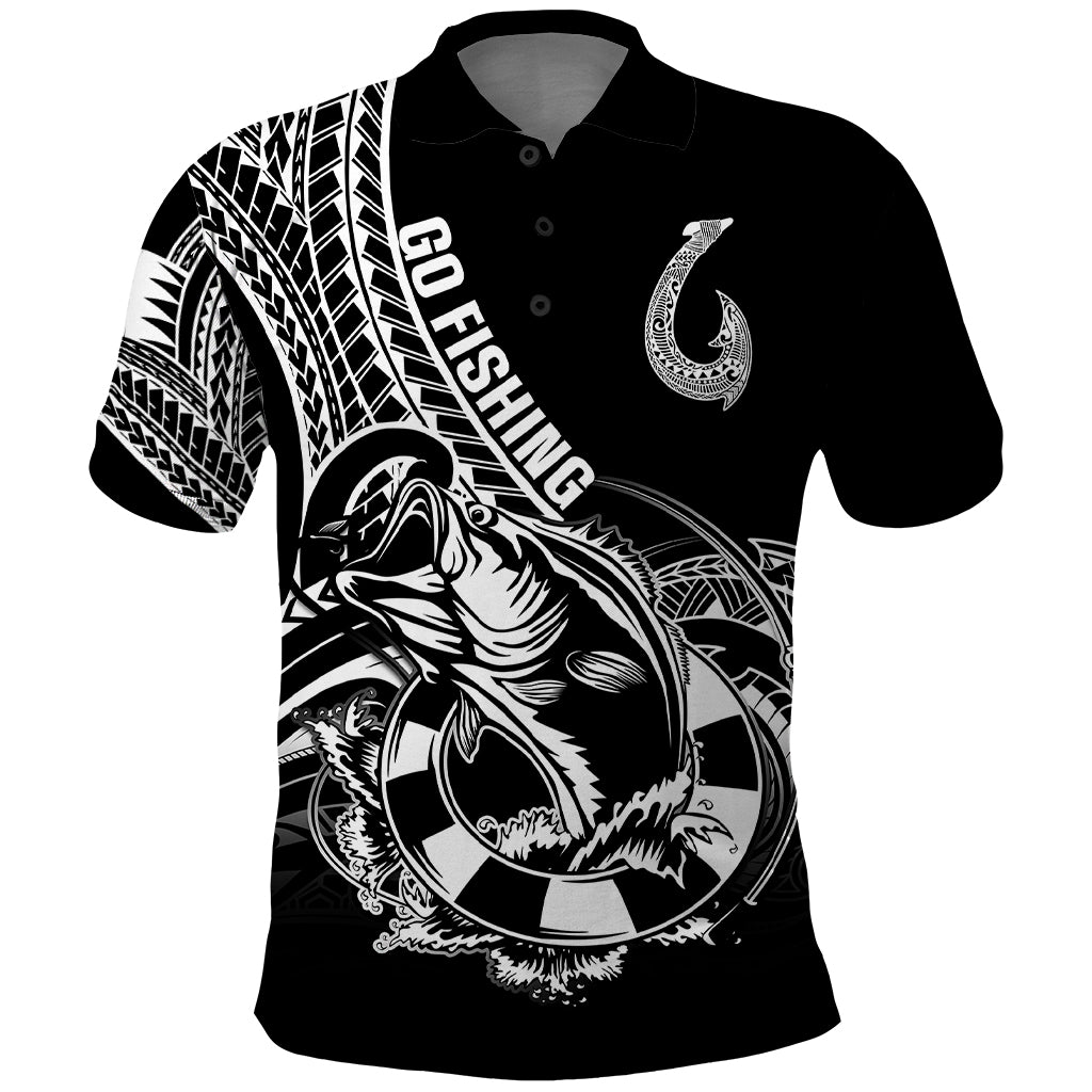Personalised Polynesia Polo Shirt Fish Hook Tattoo Go Fishing Polynesian Pattern Black - Wonder Print Shop